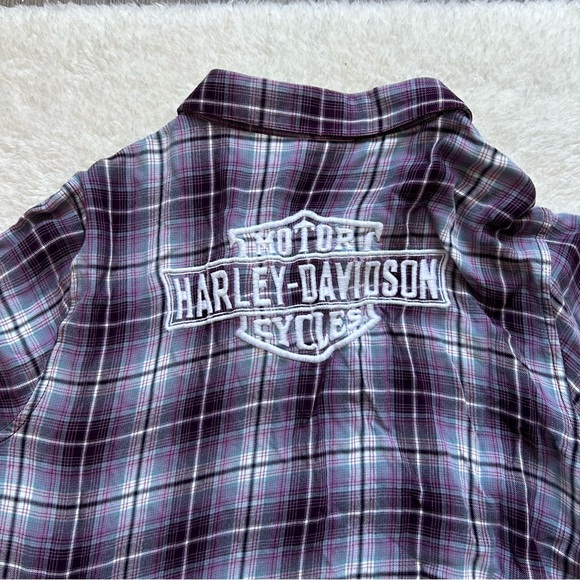 Harley Davidson Purple Plaid Button-Up Embroidered Flannel Shirt - Picture 4 of 5